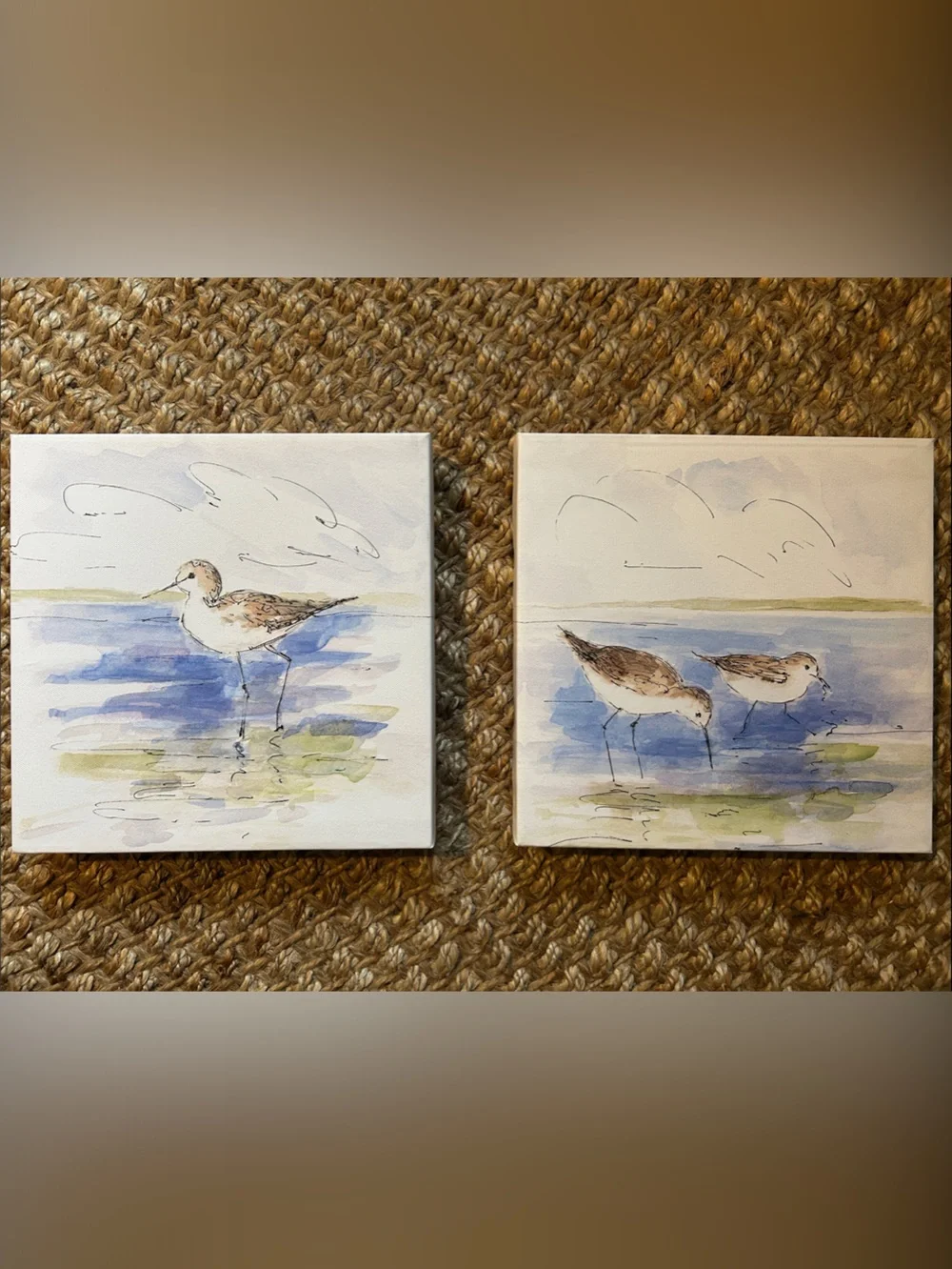 Watercolor Shorebird Canvas Pair in Blue, Brown and Green - Picture 1 of 2